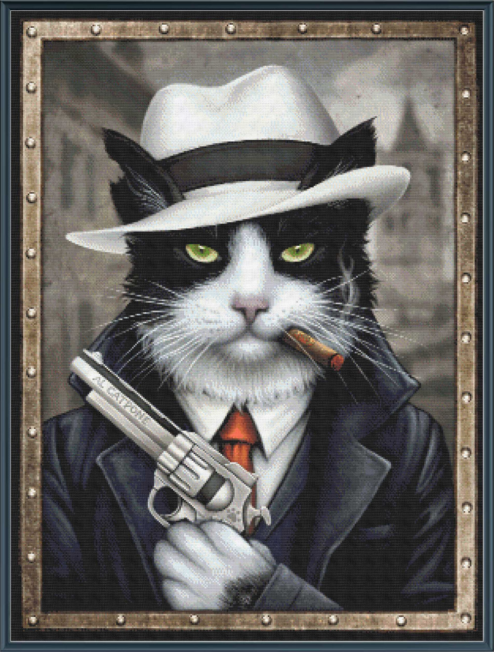 Stamped cross stitch kit depiction of a stylized cat character dressed in a suit with a hat and tie, holding a cigarette, and carrying a gun.