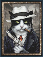 Stamped cross stitch kit depiction of a stylized cat character dressed in a suit with a hat and tie, holding a cigarette, and carrying a gun.