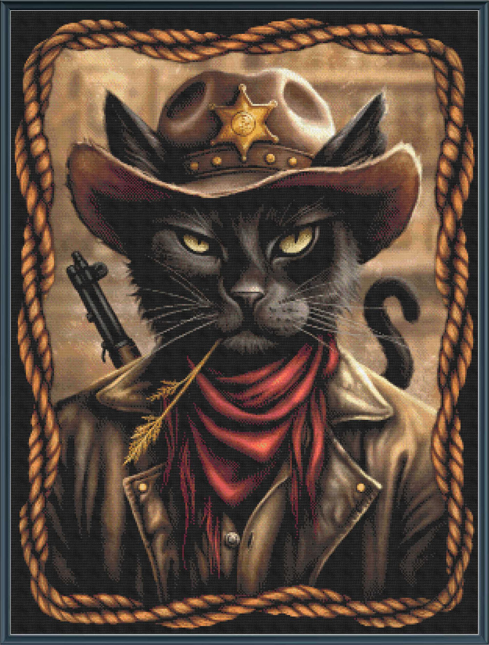 Stamped cross stitch kit depicting a stylized cat character dressed as a cowboy, with a hat, shirt, and necktie, holding a gun.
