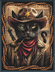 Stamped cross stitch kit depicting a stylized cat character dressed as a cowboy, with a hat, shirt, and necktie, holding a gun.