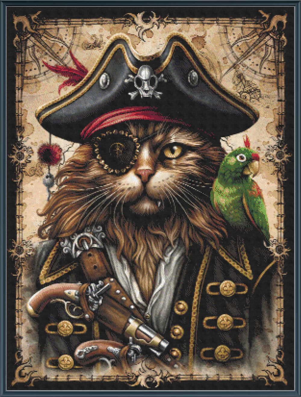 Stamped cross stitch kit depiction of a pirate cat wearing a hat and pirate outfit, accompanied by a parrot, set against a treasure map.