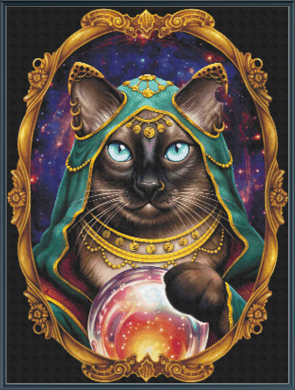 Stamped cross stitch depicting a stylized cat character with a cosmic background, dressed in a fortune teller costume with a gold frame and a crystal ball.