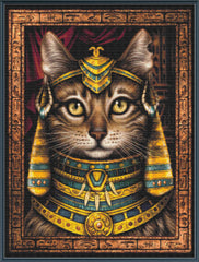 Stamped cross stitch depicting a stylized cat character with a royal headdress in a colorful pattern.