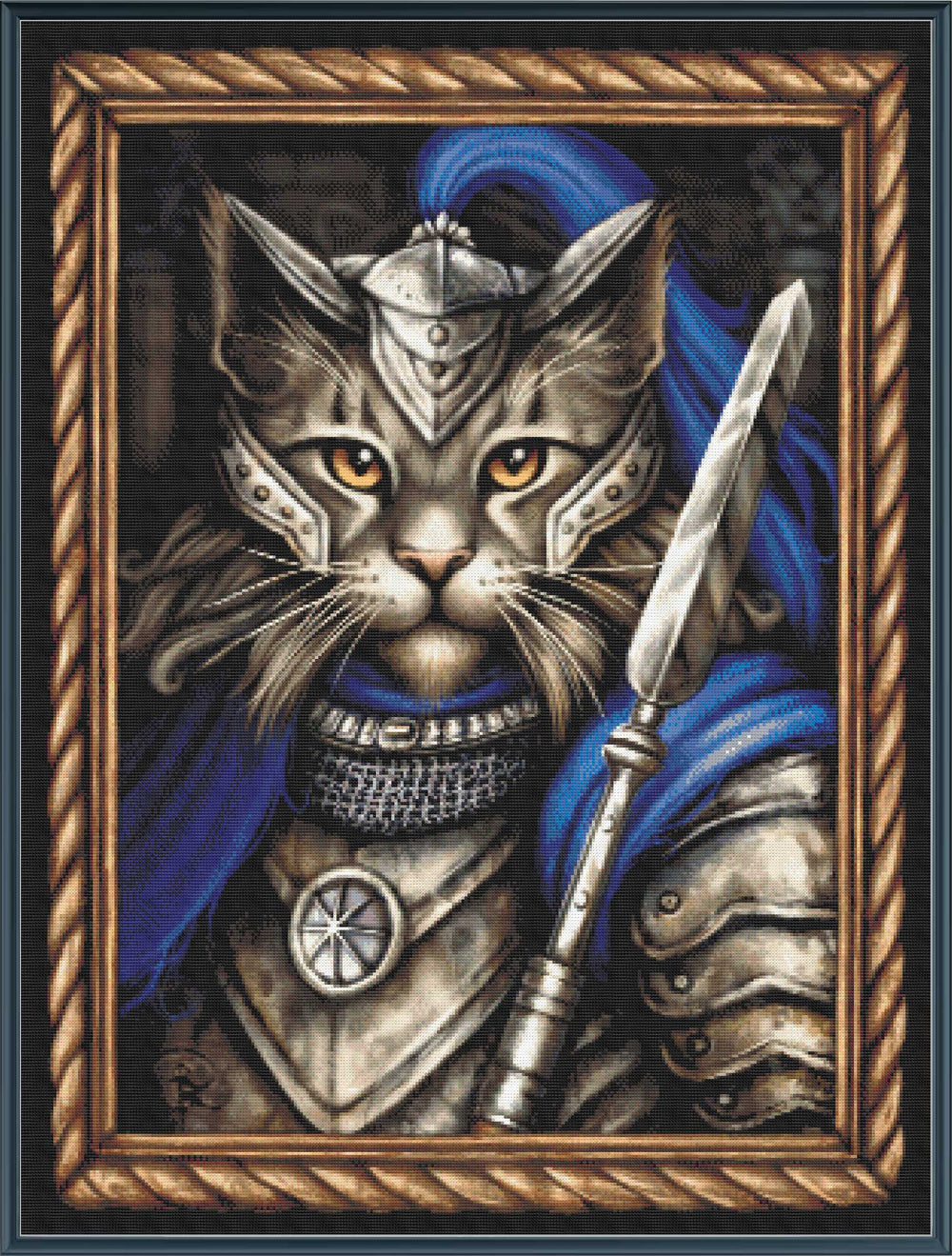Stamped cross stitch kit depicting a stylized cat character in armor with a sword, dressed in blue, against a black background.