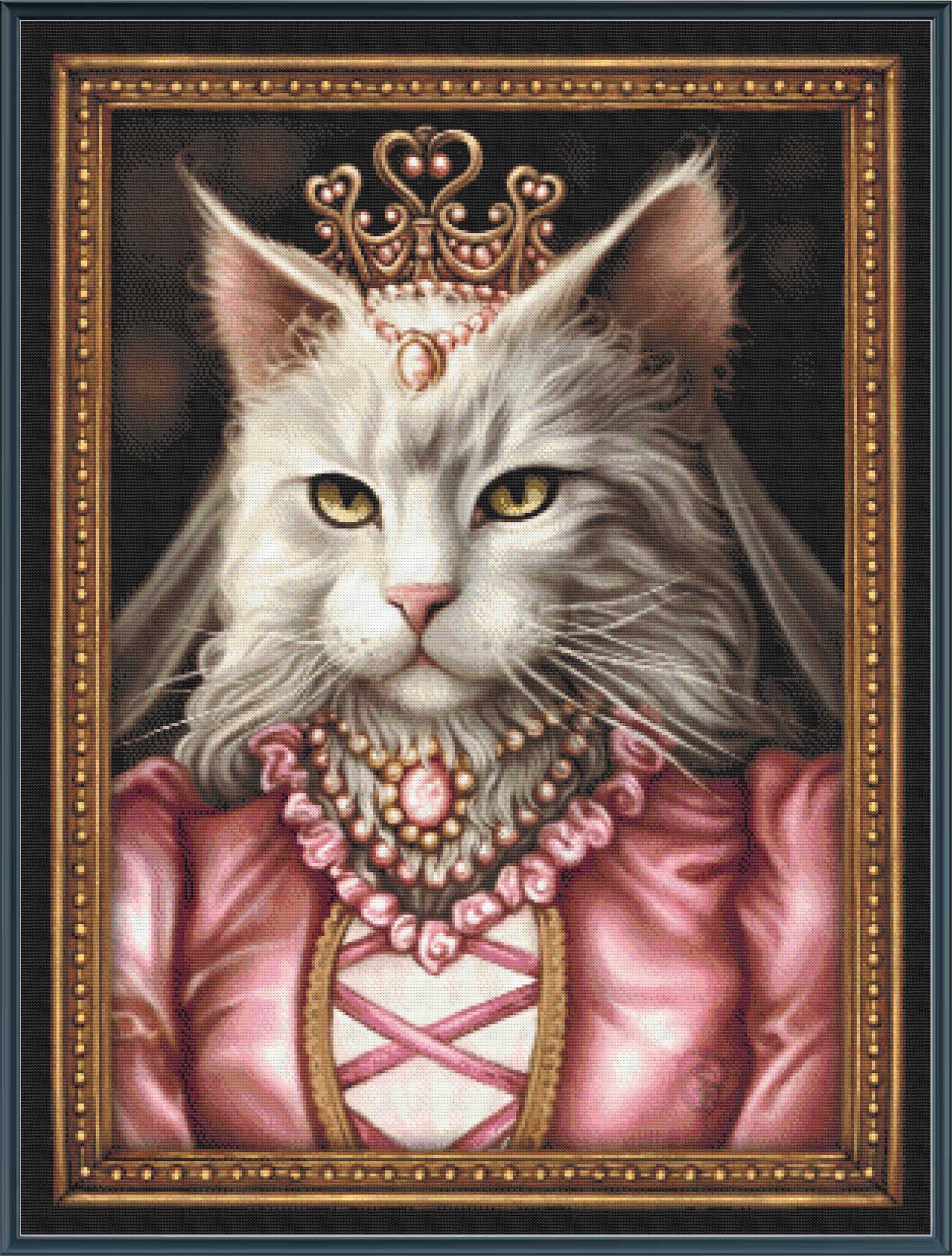 Stamped cross stitch kit depicting a stylized cat character dressed in a pink royal attire with a crown, framed in a golden frame.