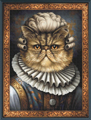 Stamped cross stitch kit depicting a embroidered cat character in a historical outfit, framed with a decorative border.