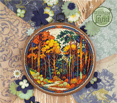 Stamped cross stitch mockup of a Embroidery hoop with a colorful forest design on a decorative background with flowers.