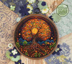 Stamped cross stitch design of a colorful tree design on a textured fabric background