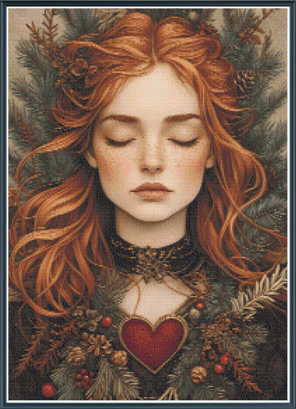 Artistic depiction of a woman with red hair and a heart symbol, surrounded by nature elements.