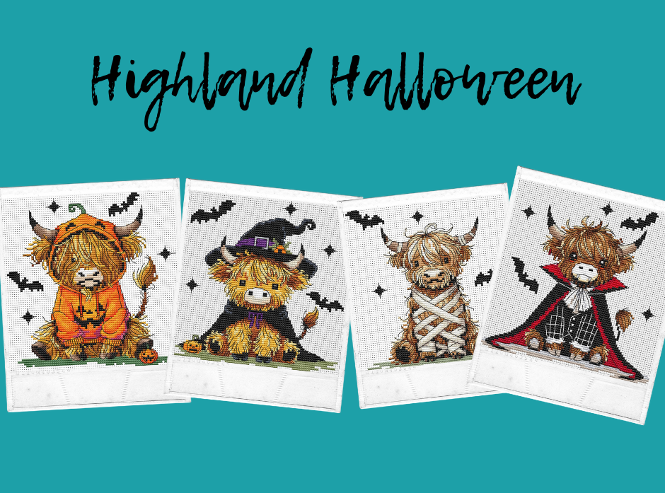 Four Halloween-themed highland cow stamped cross stitch patterns on a teal background with 'Highland Halloween' text.
