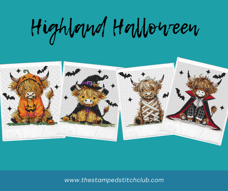 Four Halloween-themed highland cow stamped cross stitch patterns on a teal background with 'Highland Halloween' text.