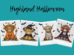 Four Halloween-themed highland cow stamped cross stitch patterns on a teal background with 'Highland Halloween' text.