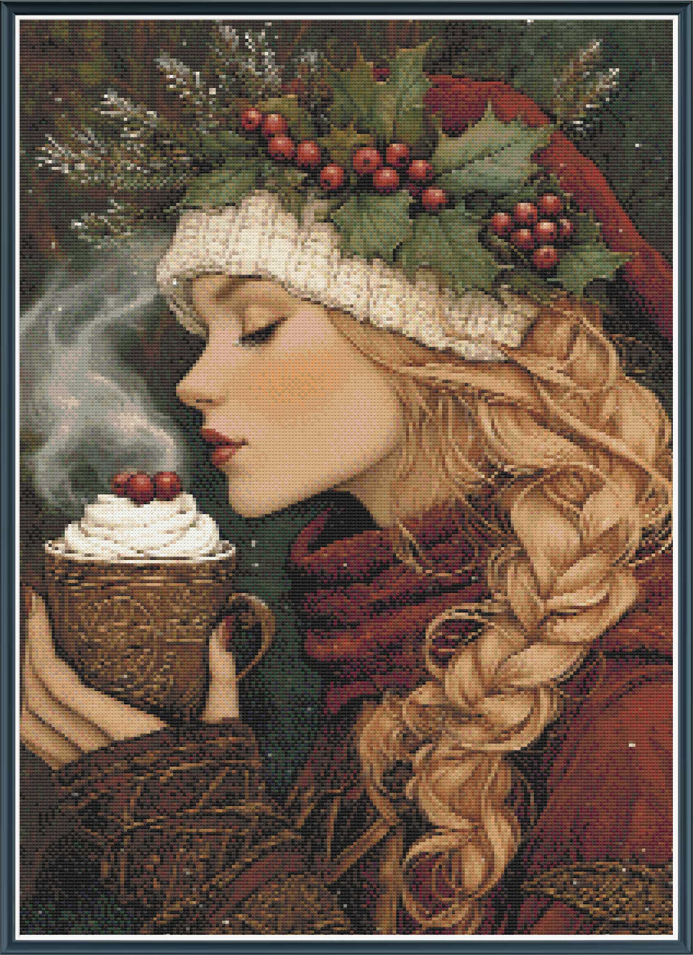 Woman in festive attire with a steaming hot chocolate, surrounded by holly leaves and berries.