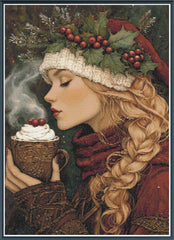 Woman in festive attire with a steaming hot chocolate, surrounded by holly leaves and berries.