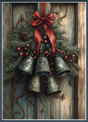 Stamped cross stitch design of a Decorative Christmas scene with bells, pine cones, and a red ribbon on a wooden background