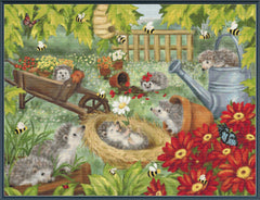 Illustration of hedgehogs in a garden with flowers, a wheelbarrow, and a watering can.