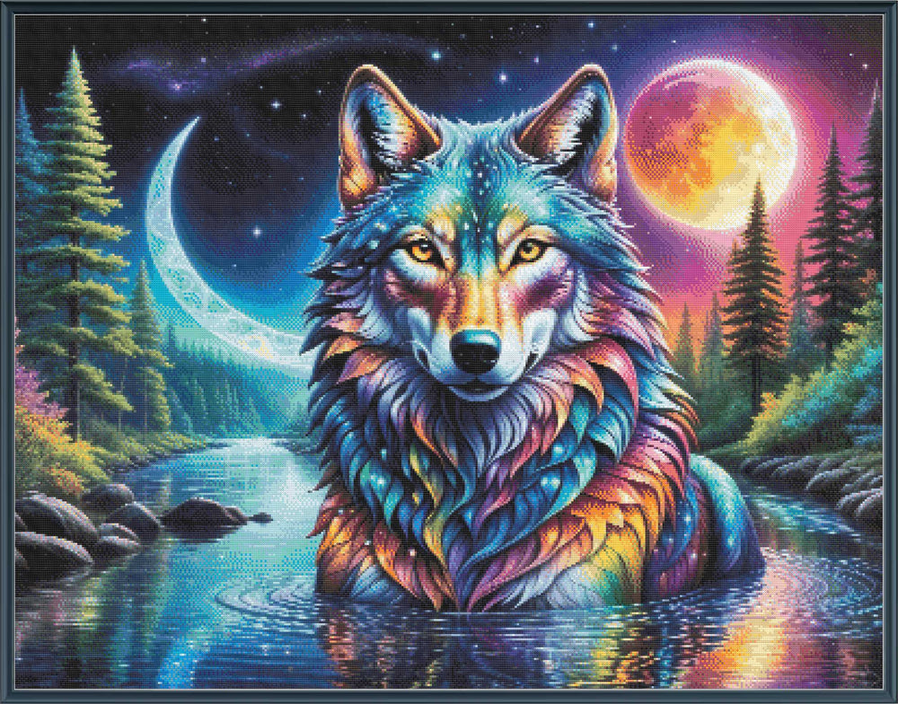 Colorful wolf illustration in a fantasy landscape with trees and moon.