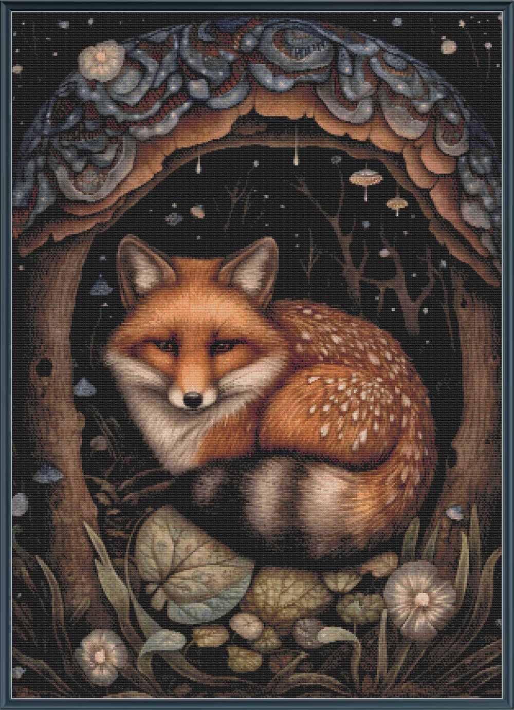 Stamped cross stitch of a fox in a natural setting with trees and flowers.