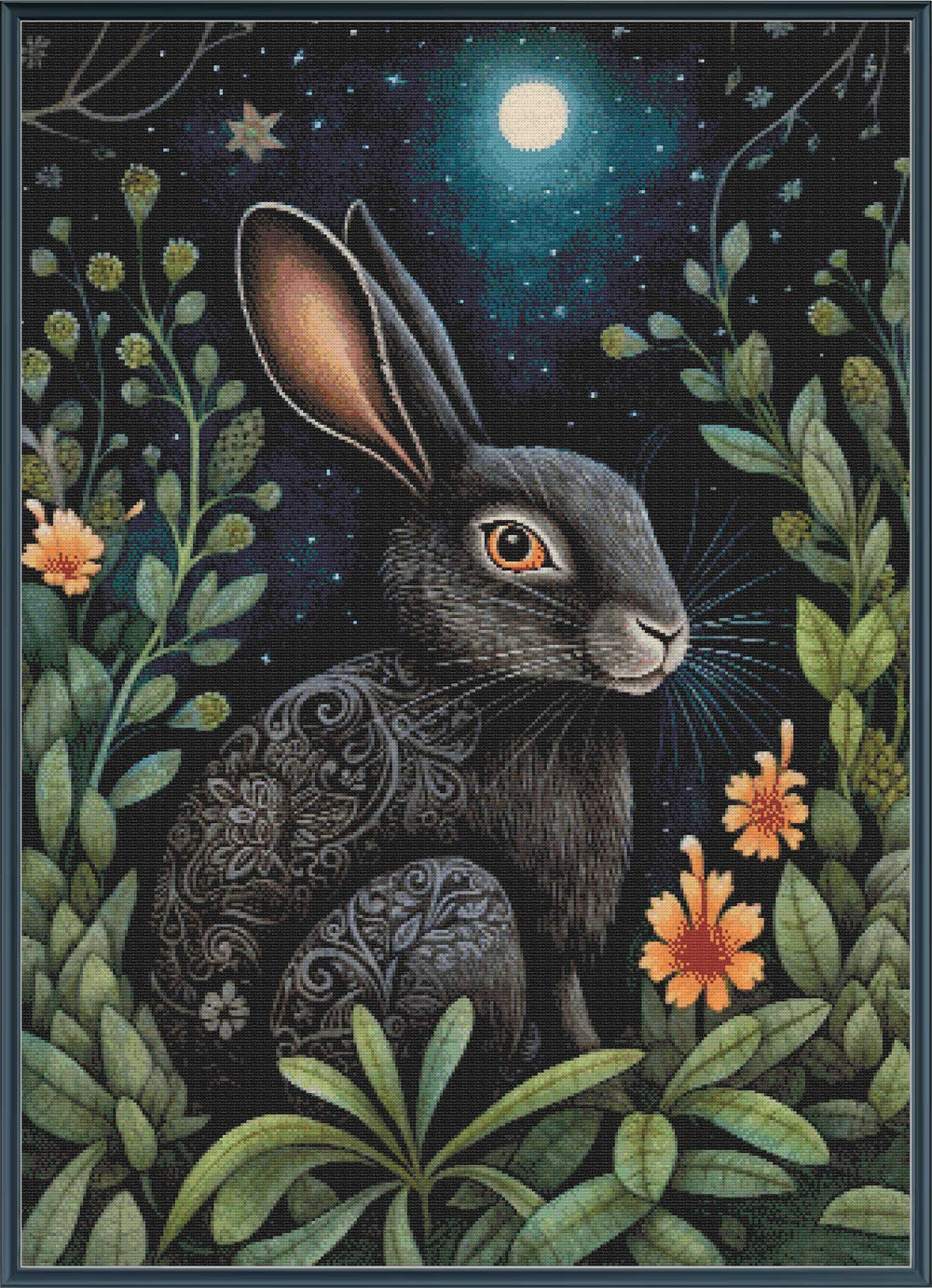 Stamped cross stitch of a rabbit with intricate patterns in a night-time forest setting.