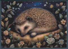 Stamped cross stitch of a hedgehog in a forest