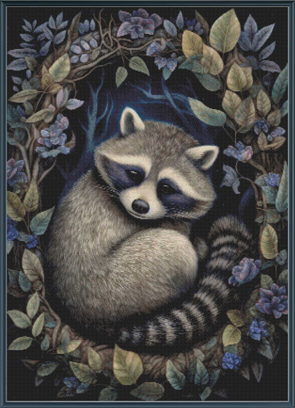 Stamped cross stitch of a raccoon surrounded by leaves and flowers on a dark background