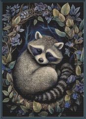 Stamped cross stitch of a raccoon surrounded by leaves and flowers on a dark background