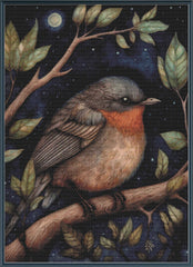 Stamped cross stitch of a bird perched on a branch with leaves and a night sky background