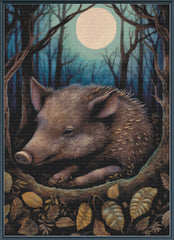 Stamped cross stitch of a boar in a forest with a full moon