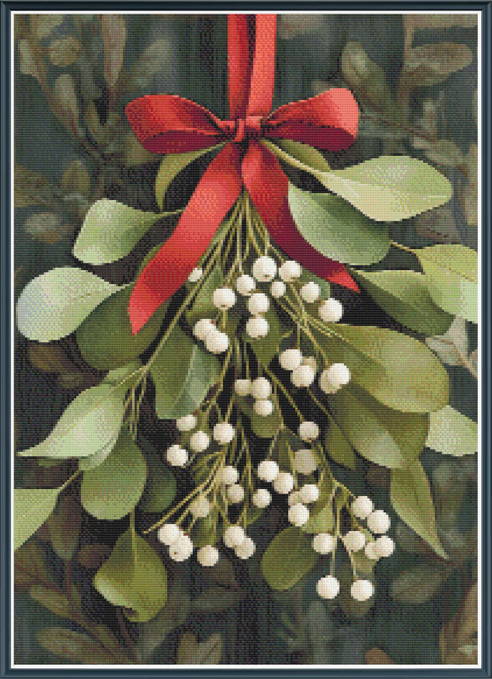 Stamped cross stitch design of a Mistletoe with red ribbon on a green leafy background