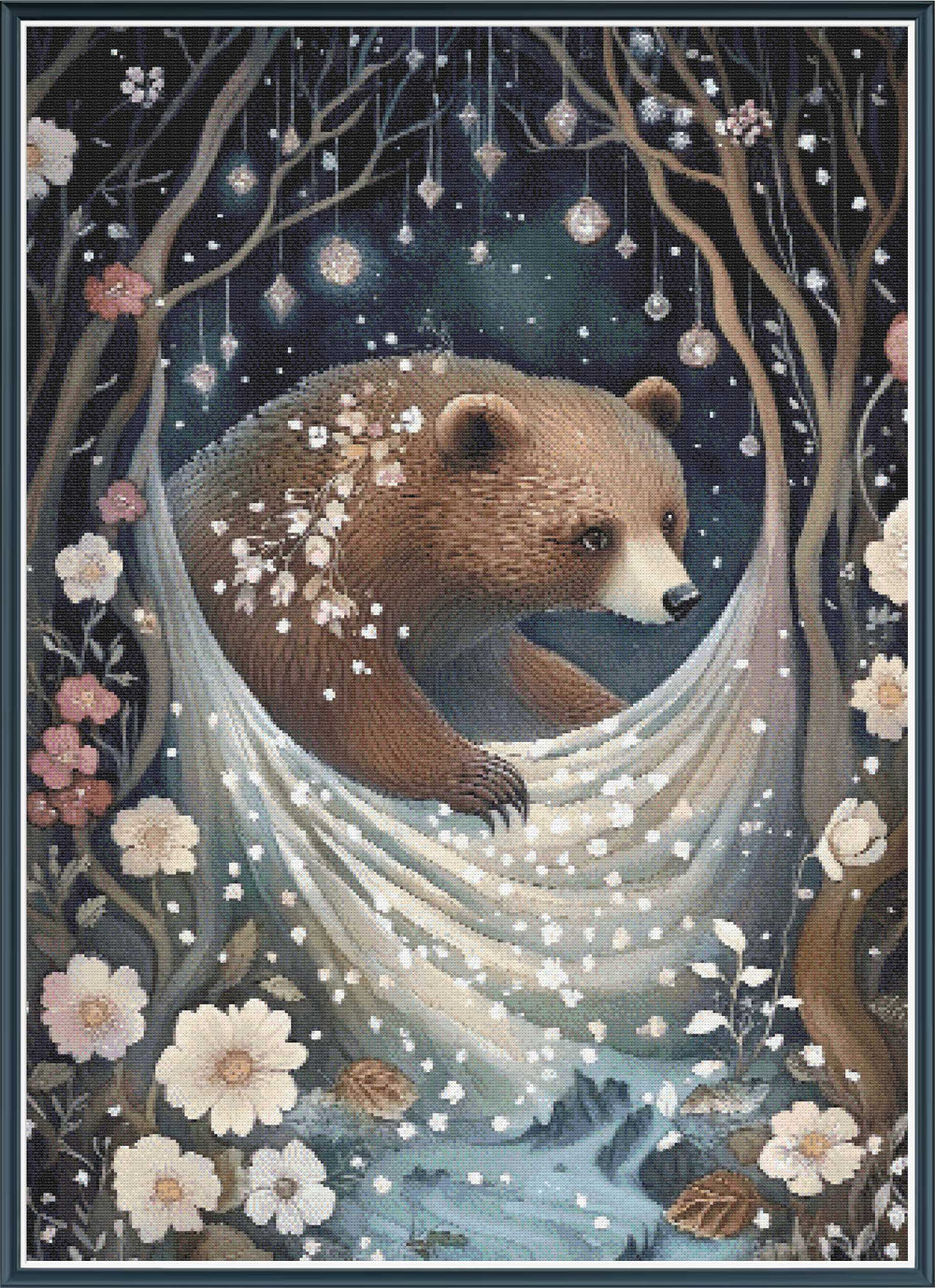 Stamped cross stitch mockup showing a licensed images of a bear in a hammock surrounded by flowers and trees with a starry night sky.