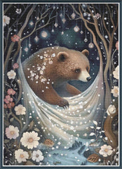 Stamped cross stitch mockup showing a licensed images of a bear in a hammock surrounded by flowers and trees with a starry night sky.