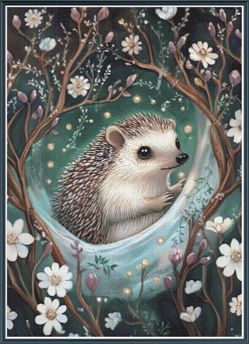 Stamped cross stitch mockup showing a licensed images of a hedgehog in a bubble surrounded by flowers and branches