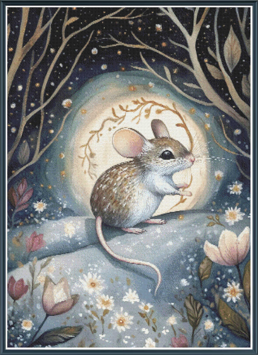 Stamped cross stitch mockup showing a licensed images of a mouse in a forest with flowers and a moonlit sky