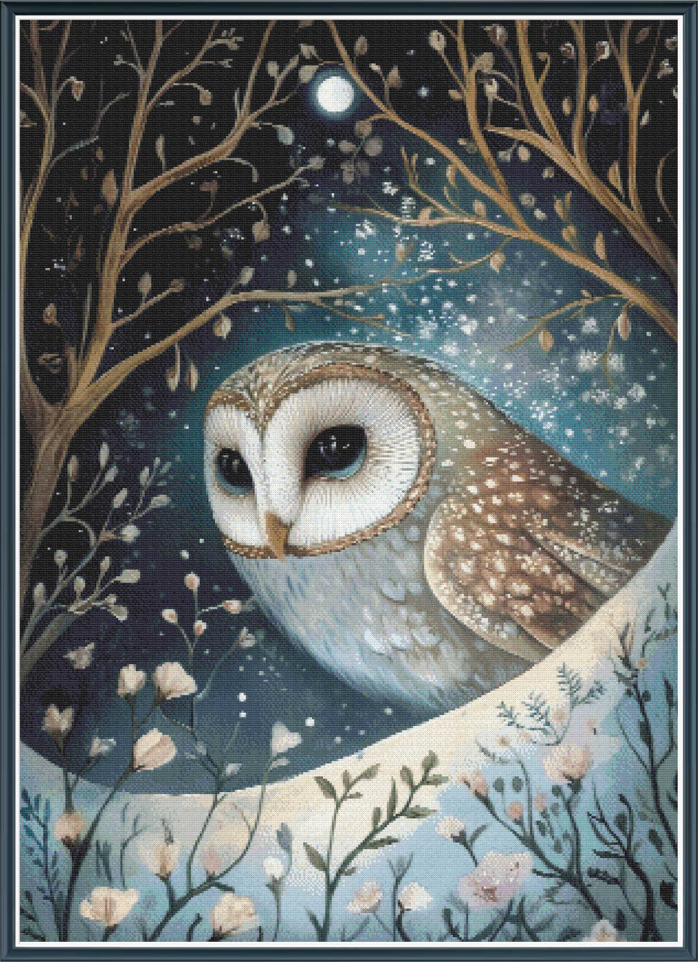 Stamped cross stitch mockup showing a licensed images of an owl in a nighttime forest with a full moon.