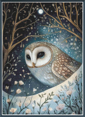 Stamped cross stitch mockup showing a licensed images of an owl in a nighttime forest with a full moon.