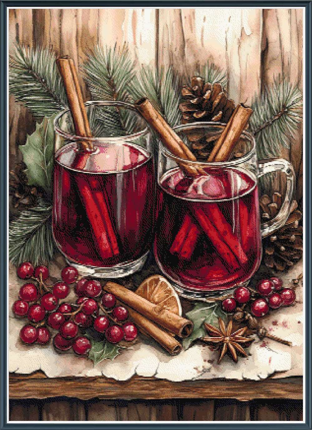 Stamped cross stitch design of Two glasses of red hot wine with cinnamon sticks, surrounded by berries and pine branches on a wooden surface.