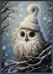 Owl wearing a white winter hat in a snowy scene