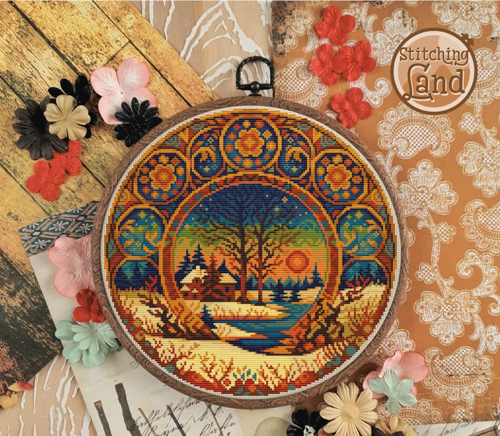 Stamped cross stitch design of decorative flowers on a textured background