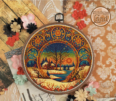 Stamped cross stitch design of decorative flowers on a textured background