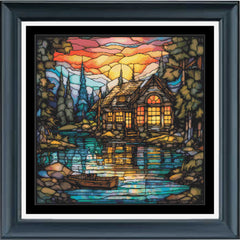 A stained glass Stamped cross stitch kit depicting a cabin on a lake with a boat, trees, and a sunset in the background.