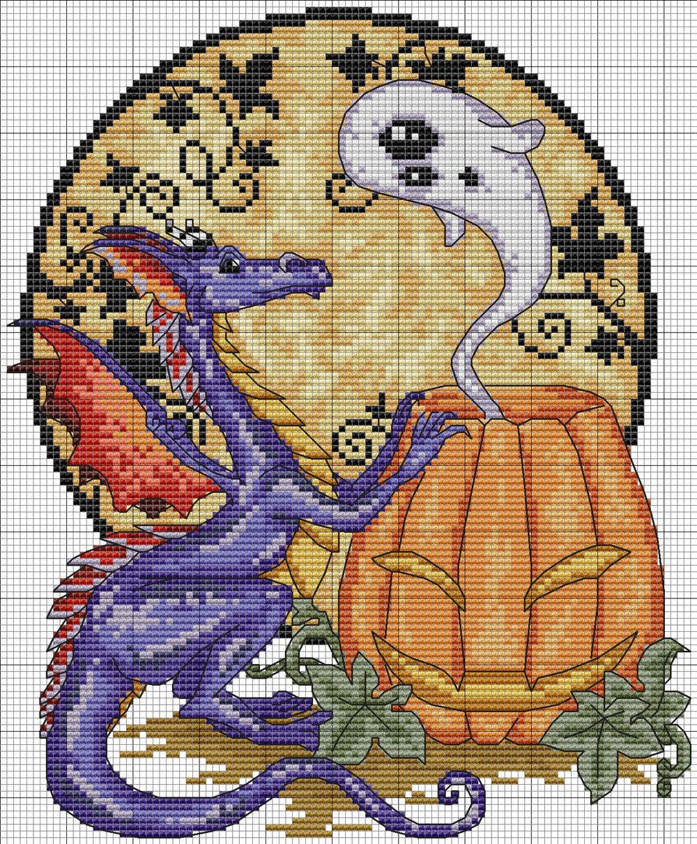 Halloween themed stamped cross stitch featuring a ghost appearing from a pumpkin with a dragon