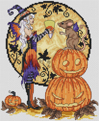 Halloween-themed stamped cross-stitch pattern with a witch, pumpkin, and mouse.