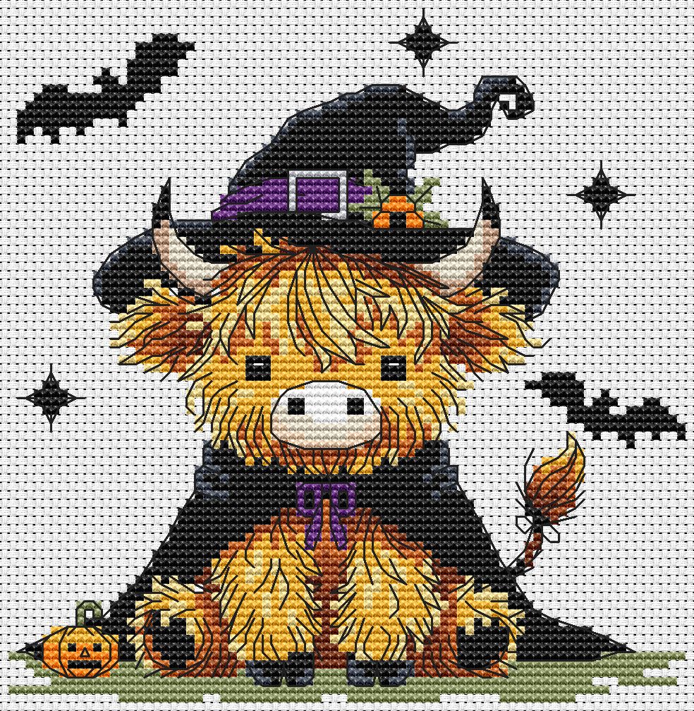 Stamped cross stitch design of a highland cow in a witch costume with Halloween elements on a white background.