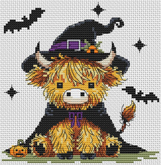 Stamped cross stitch design of a highland cow in a witch costume with Halloween elements on a white background.