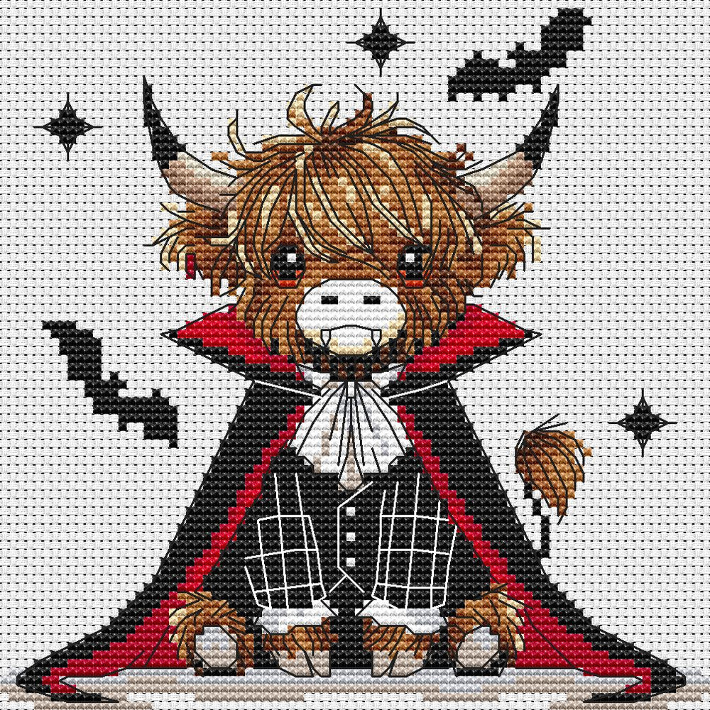 Stamped cross stitch design of a highland cow in a vampire costume with a red cape and black shoes on a white background.