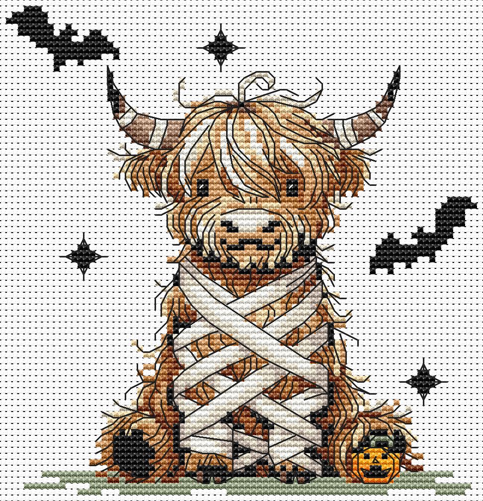 Stamped cross stitch design of a highland cow mummy with pumpkins and bats on a white background