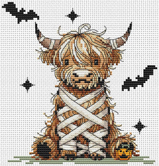 Stamped cross stitch design of a highland cow mummy with pumpkins and bats on a white background
