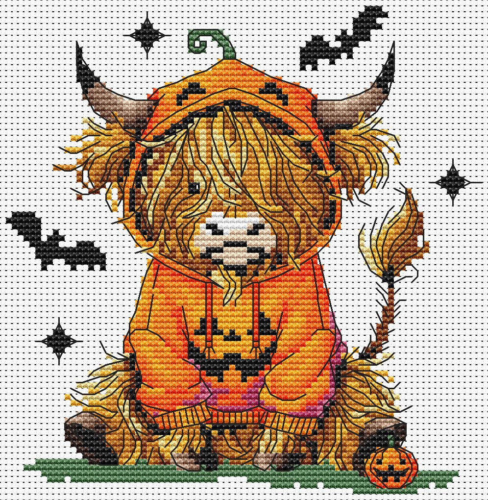 Stamped cross stitch design of a highland cow in a Halloween costume with pumpkins and bats.