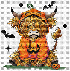Stamped cross stitch design of a highland cow in a Halloween costume with pumpkins and bats.