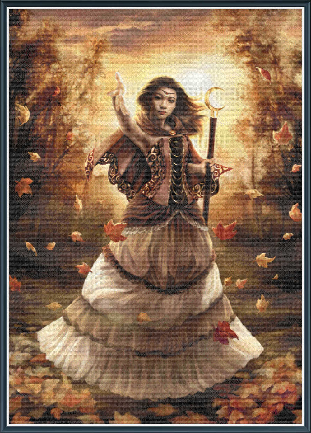 Stamped cross stitch mockup showing a licensed images of a woman in a fantasy costume holding a lantern in an autumnal setting with falling leaves.
